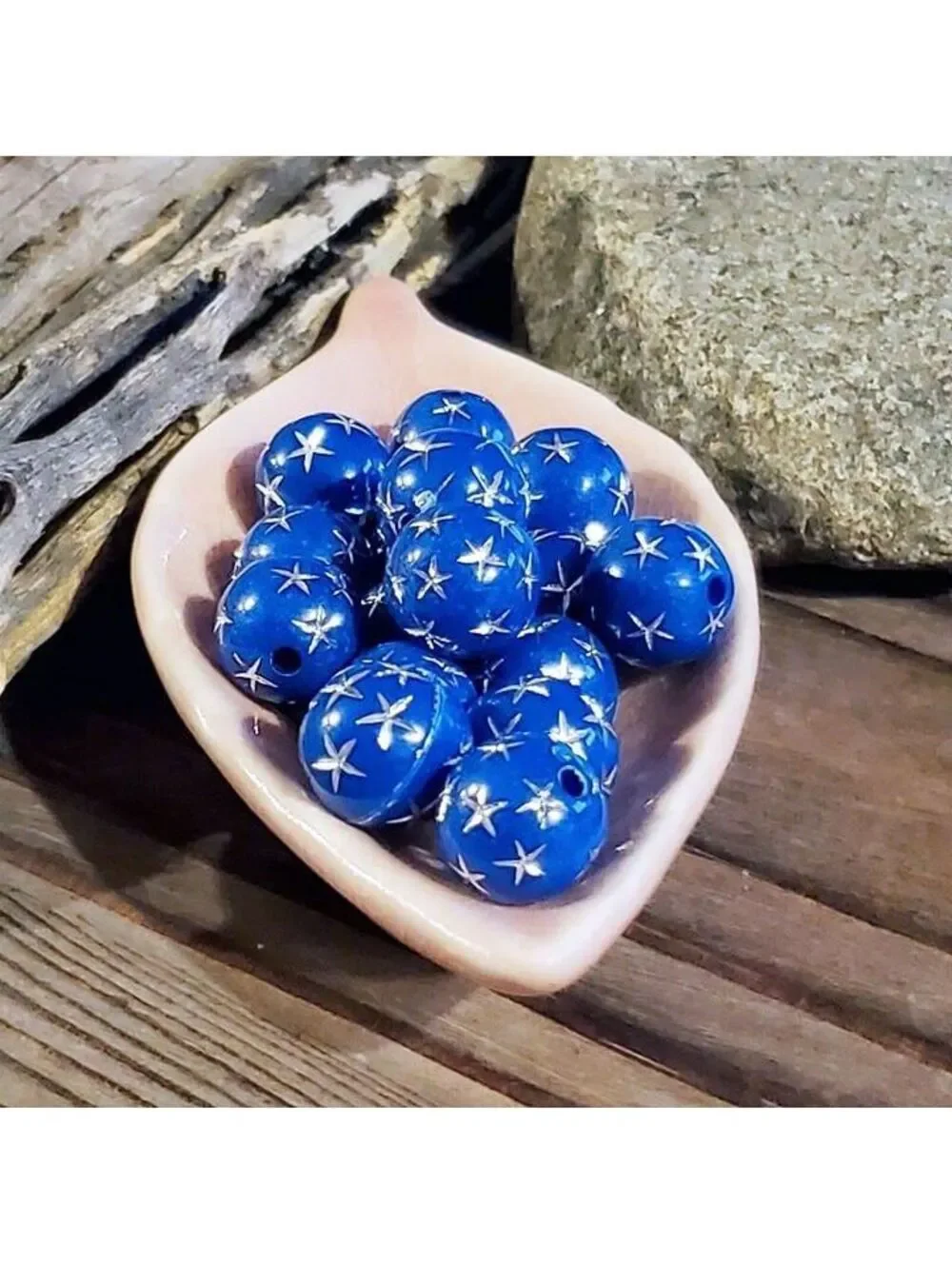 10 Vintage Retro Cobalt Blue Silver Stars 12mm Round Acrylic Shabby Beads